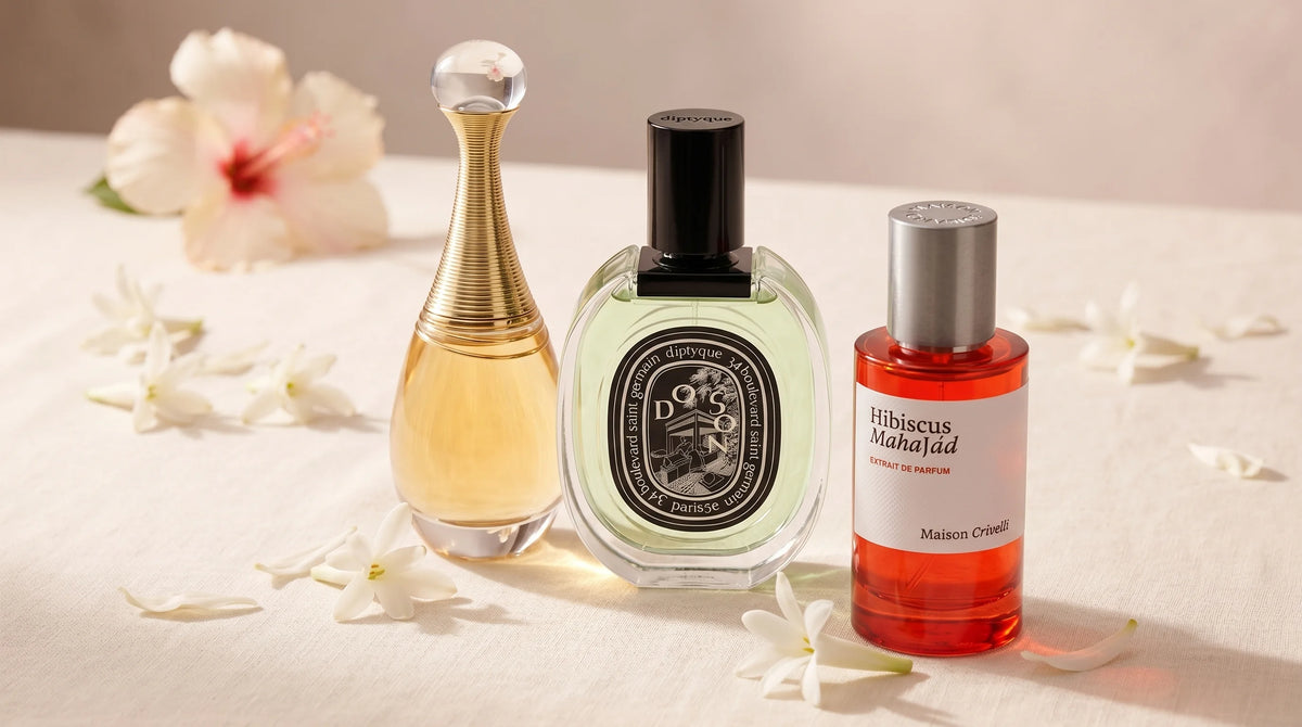 Floral perfumes at Parfum Central: Dior J'adore, Diptyque Doson, and Maison Crivelli Hibiscus Mahajad