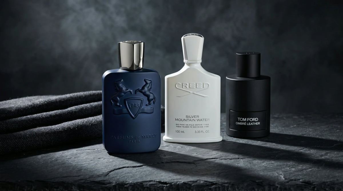Men's perfumes at Parfum Central: Parfums de Marly Layton, Creed Silver Mountain Water, and Tom Ford Ombre Leather