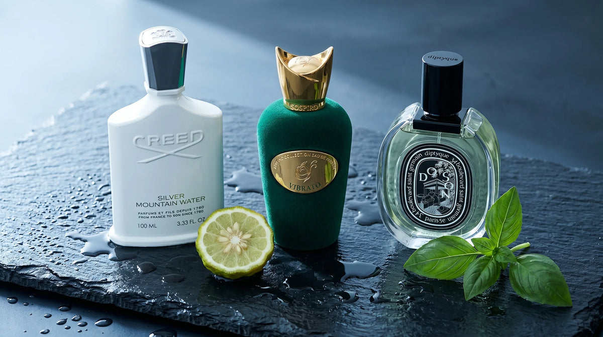Fresh and citrus perfumes at Parfum Central: Creed Silver Mountain Water, Sospiro Vibrato, and Diptyque Doson