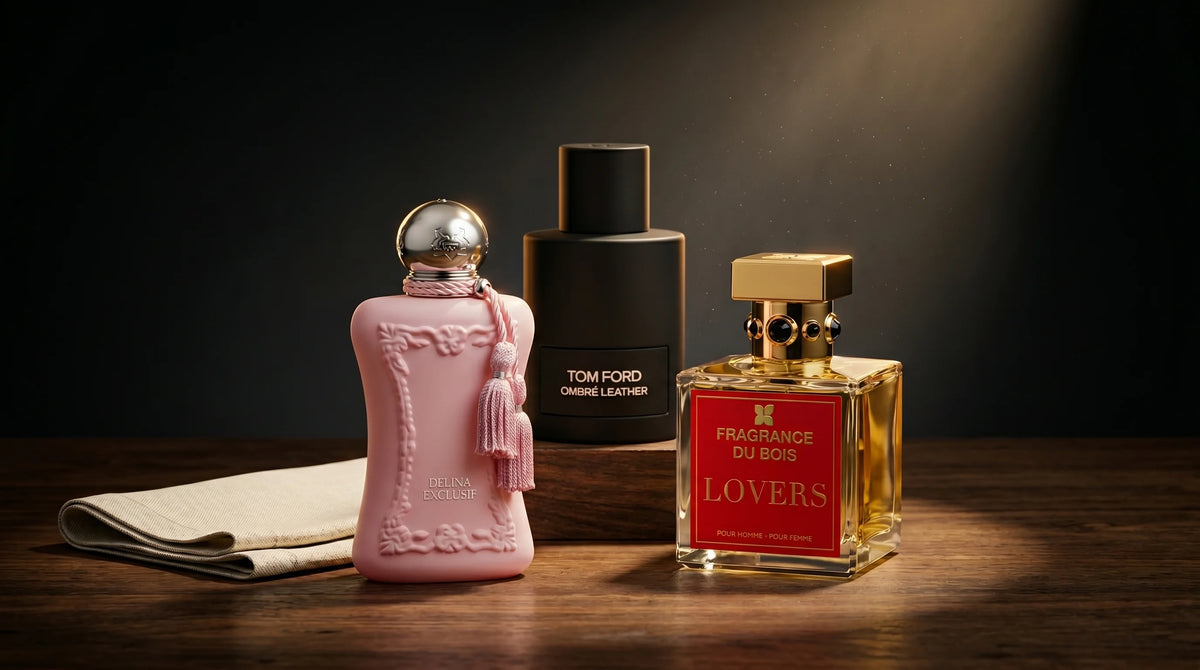 Best-selling perfumes at Parfum Central: Fragrance du Bois Lovers, Parfums de Marly Delina Exclusif, and Tom Ford Ombre Leather