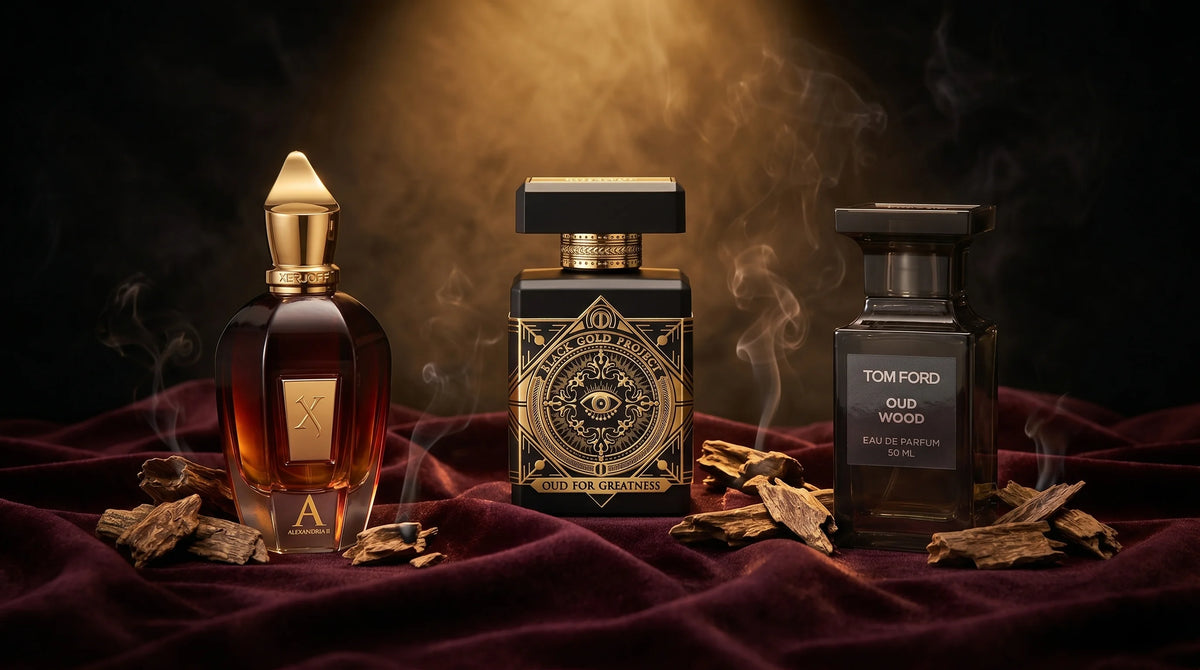 Oud perfumes at Parfum Central: Initio Oud for Greatness, Xerjoff Alexandria II, and Tom Ford Oud Wood