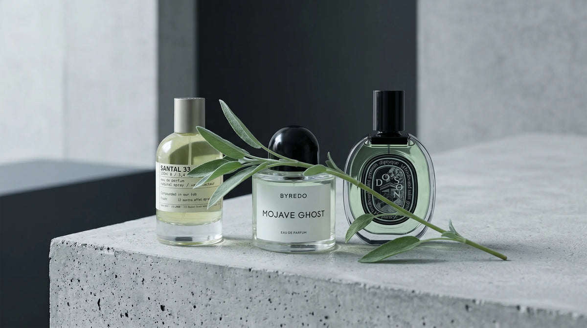 Unisex perfumes at Parfum Central: Le Labo Santal 33, Byredo Mojave Ghost, and Diptyque Doson