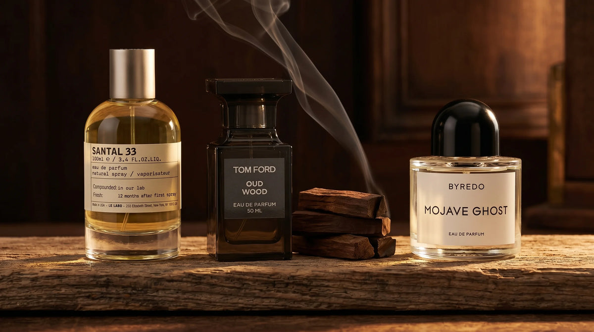 Woody perfumes at Parfum Central: Le Labo Santal 33, Tom Ford Oud Wood, and Byredo Mojave Ghost
