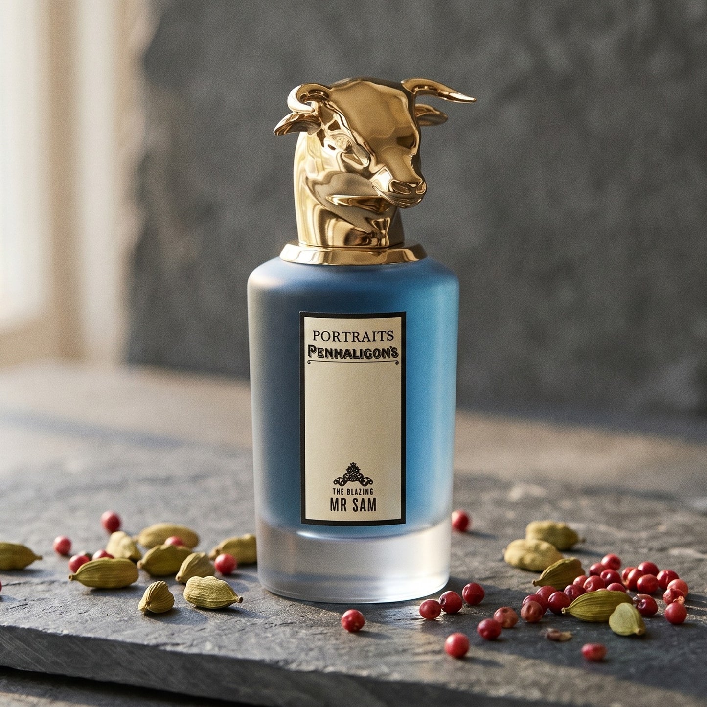 Penhaligon's The Blazing Mister Sam on deep grey travertine with a scatter of nutmeg and allspice
