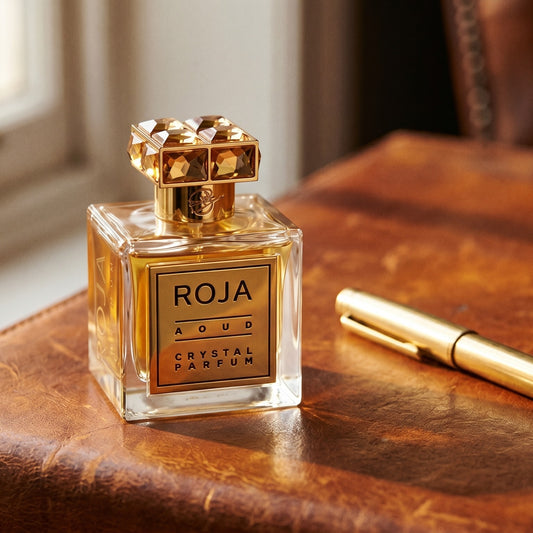 Roja Aoud Crystal Parfum on worn tobacco leather desk with a leather-bound notebook lying open