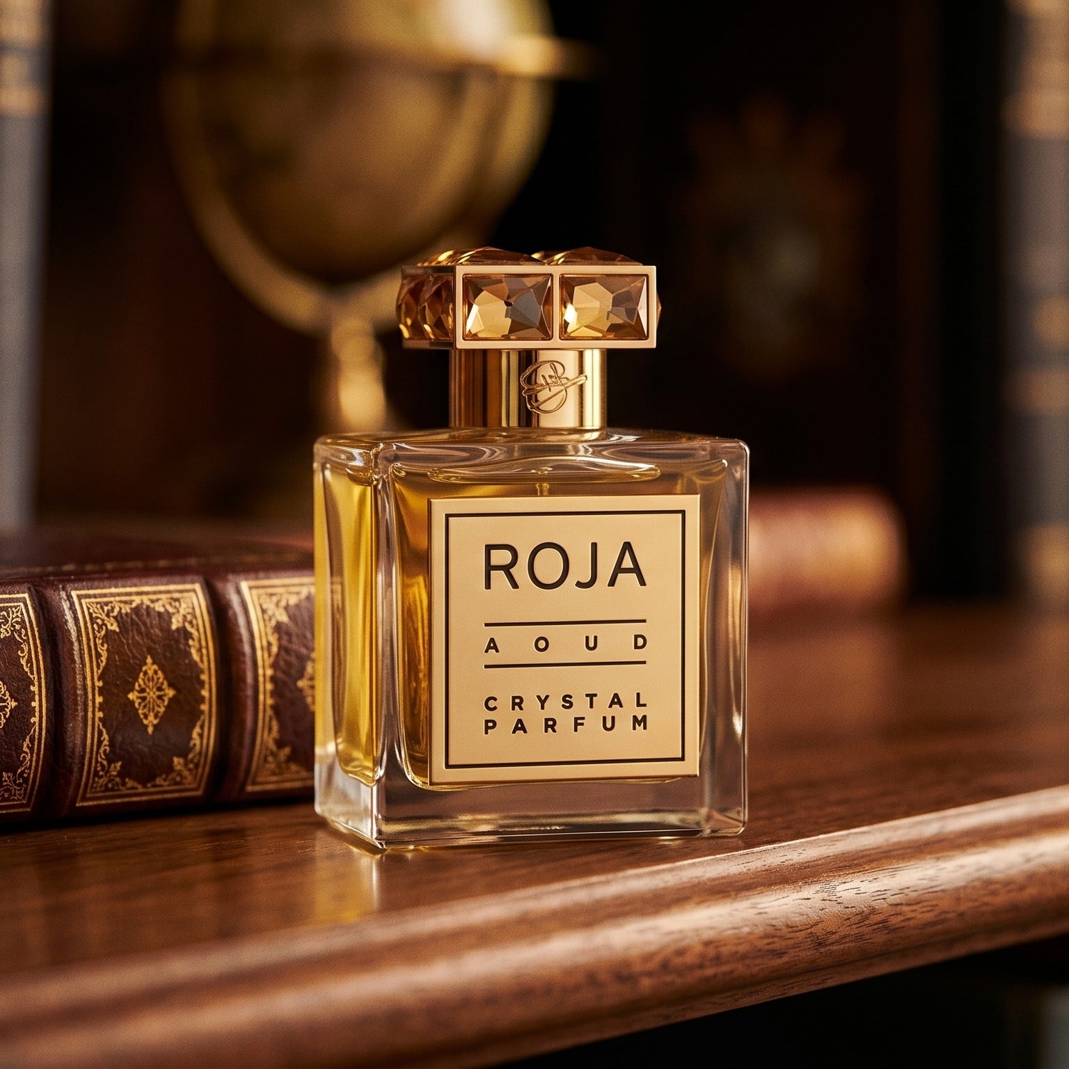 Roja Aoud Crystal Parfum on deep burgundy leather journal spread beside a crystal inkwell