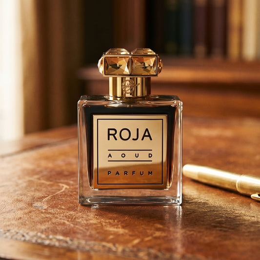 Roja Aoud Parfum Parfum on mahogany leather tabletop with a polished brass stamp box