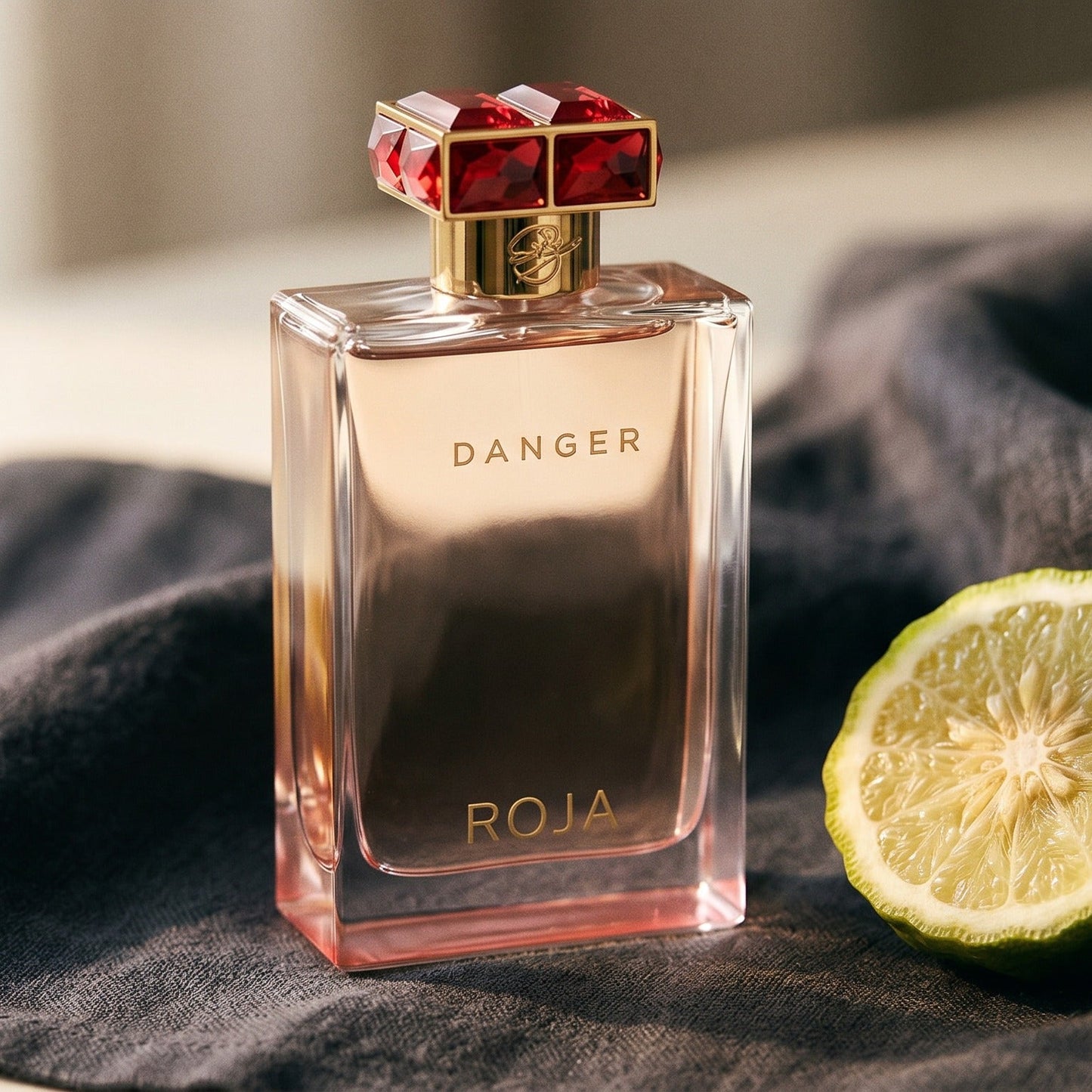Roja Danger Pour Femme EDP on charcoal linen with a halved bergamot