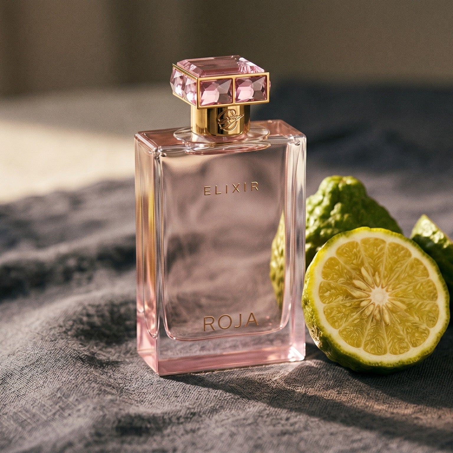 Roja Elixir Pour Femme EDP on charcoal linen with a halved bergamot