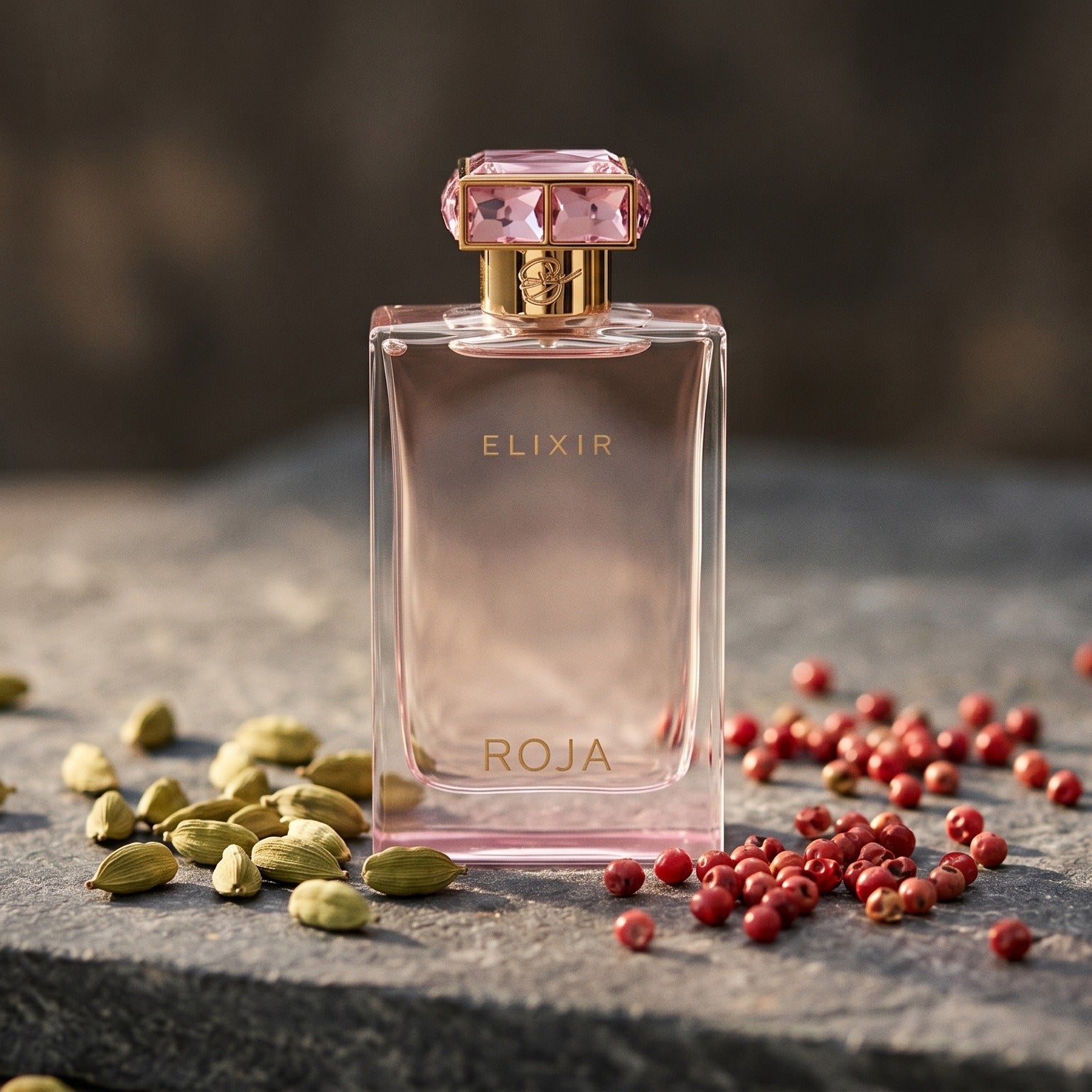 Roja Elixir Pour Femme EDP on dark grey stone slab with cardamom pods and pink peppercorns scattered