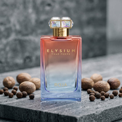 Roja Elysium Pour Femme EDP on deep grey travertine with a scatter of nutmeg and allspice