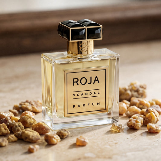 Roja Scandal Pour Homme Parfum on polished limestone with benzoin resin pebbles arranged loosely
