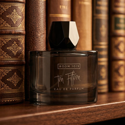 Room 1015 Ten Fifteen EDP on walnut desktop with a tall candle and an open leather diary