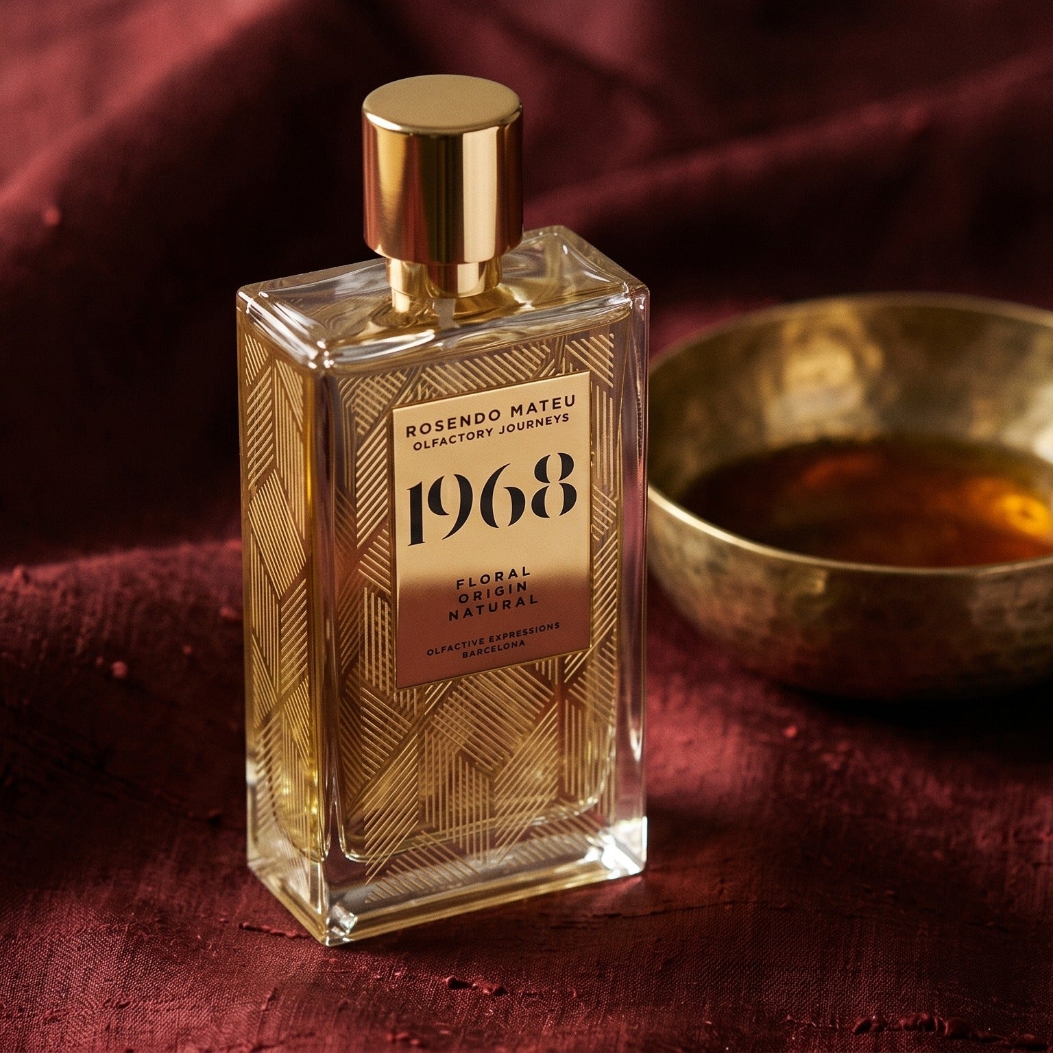 Rosendo Mateu 1968 EDP on amber-toned satin with a gold-rim ceramic dish of labdanum