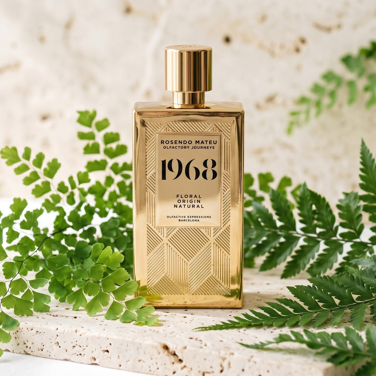 Rosendo Mateu 1968 EDP on pale travertine with fresh green fern fronds