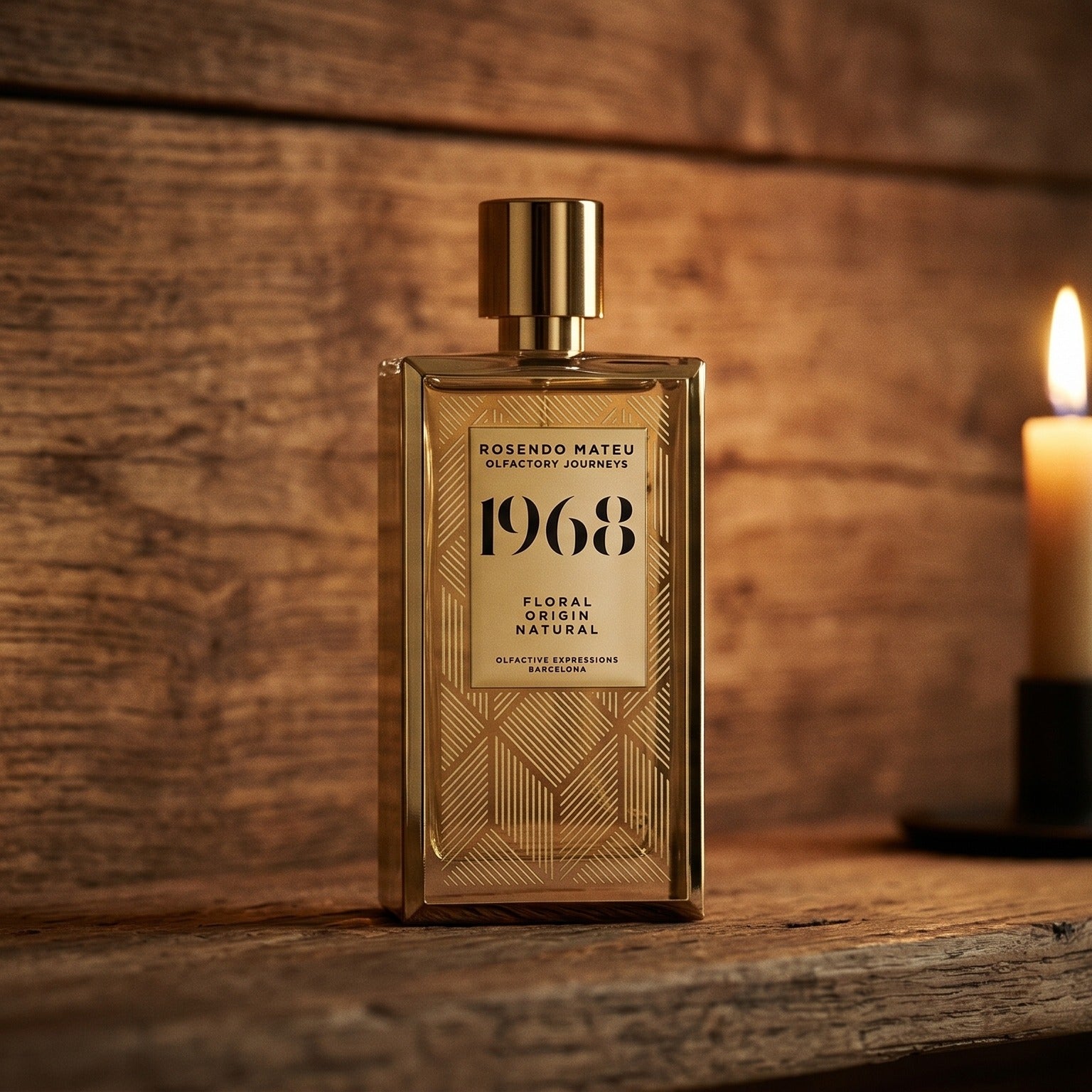 Rosendo Mateu 1968 EDP on rosewood surface with a squat brass candle flickering nearby