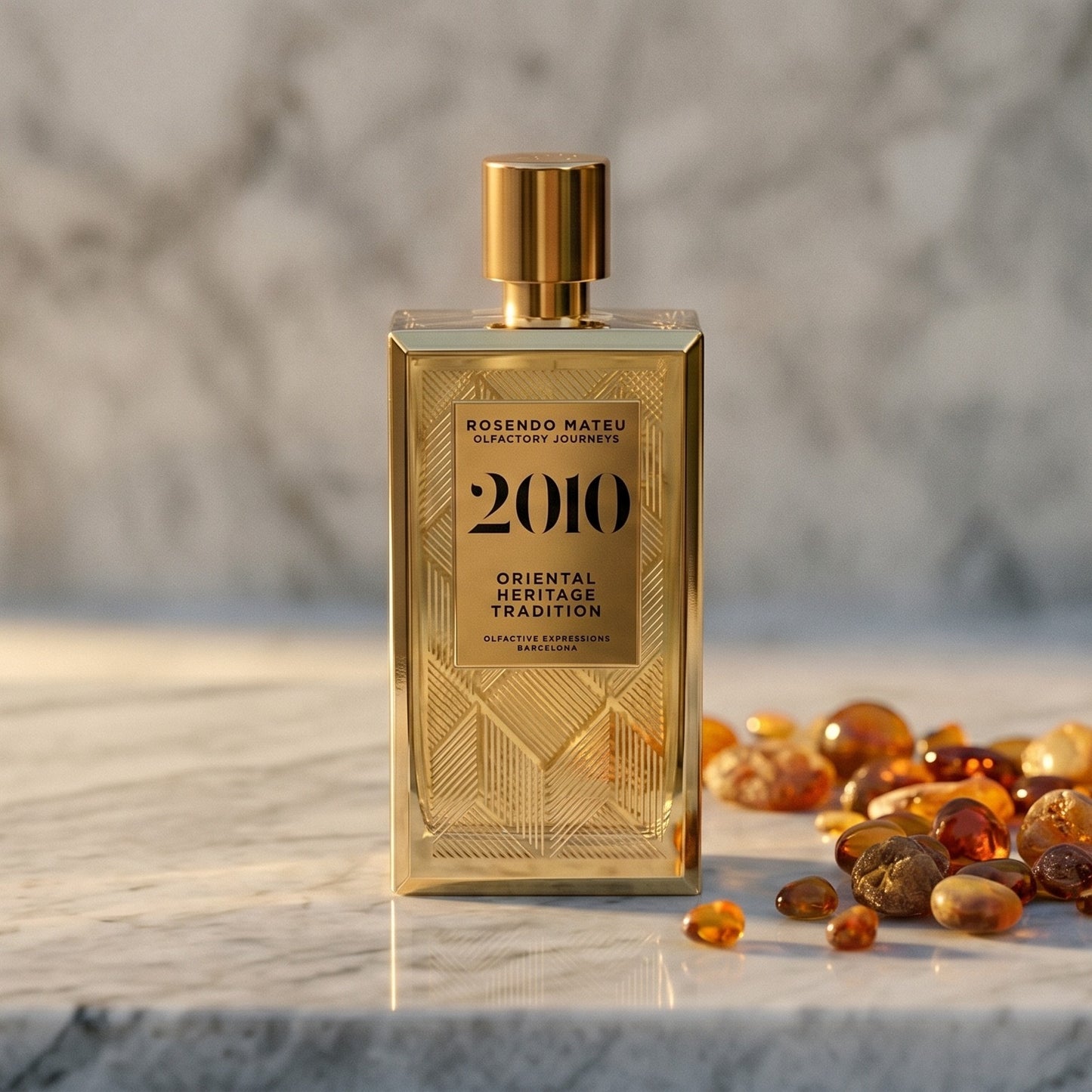 Rosendo Mateu 2010 EDP on pale sandstone with golden amber shards catching the light