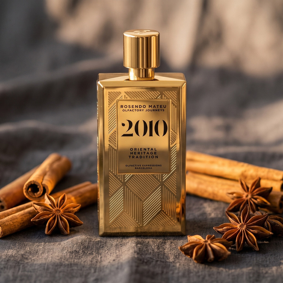 Rosendo Mateu 2010 EDP on charcoal linen with cinnamon sticks and star anise