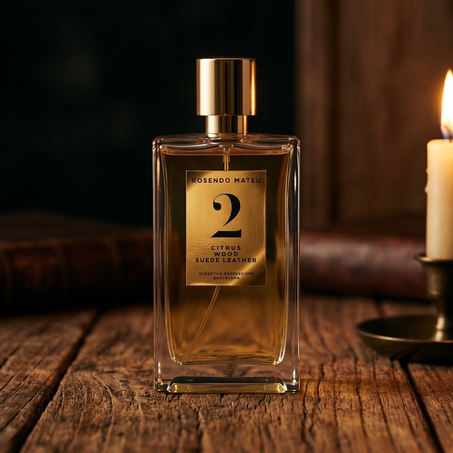 Rosendo Mateu No. 2 EDP on dark cherrywood with a tall beeswax taper casting warm light