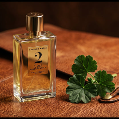 Rosendo Mateu No. 2 EDP on aged cognac-leather surface with a small sprig of geranium leaf