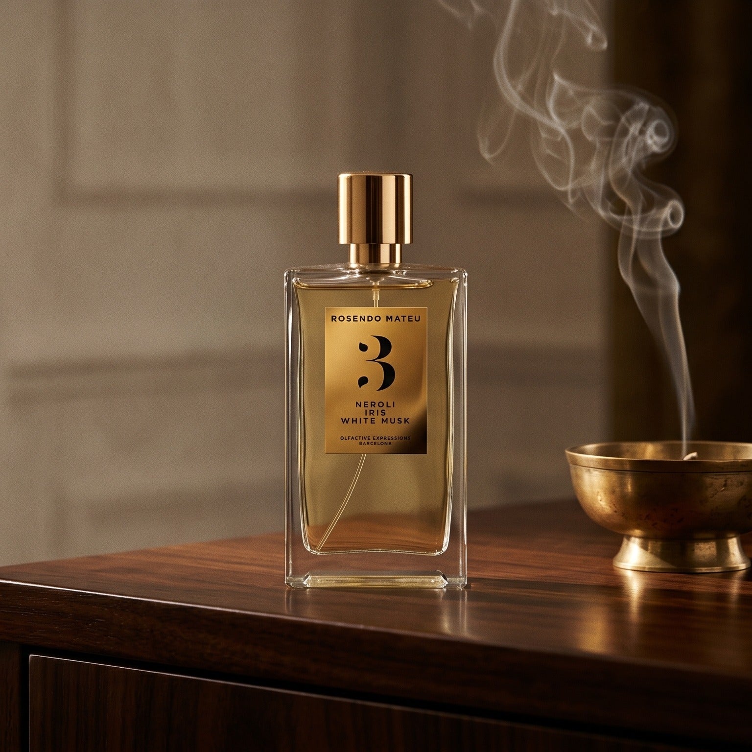 Rosendo Mateu No. 3 EDP on dark walnut console with a small brass incense bowl, smoke curling upward