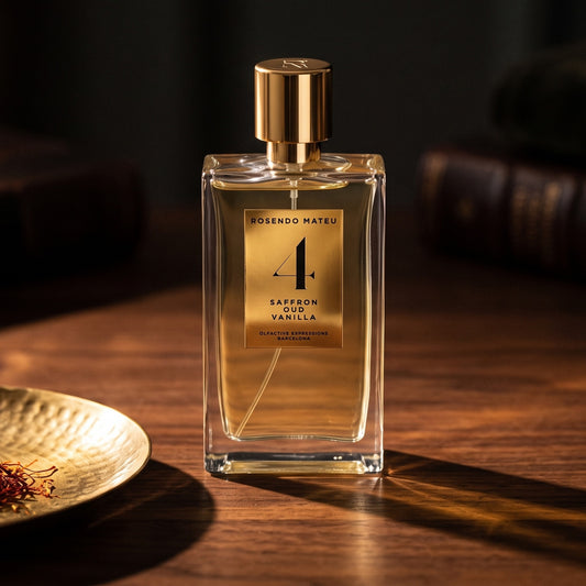 Rosendo Mateu No. 4 EDP on dark walnut console with saffron threads in a small brass dish