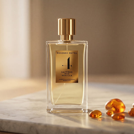 Rosendo Mateu No. 4 EDP on warm taupe marble with copal beads spilling from a small dish