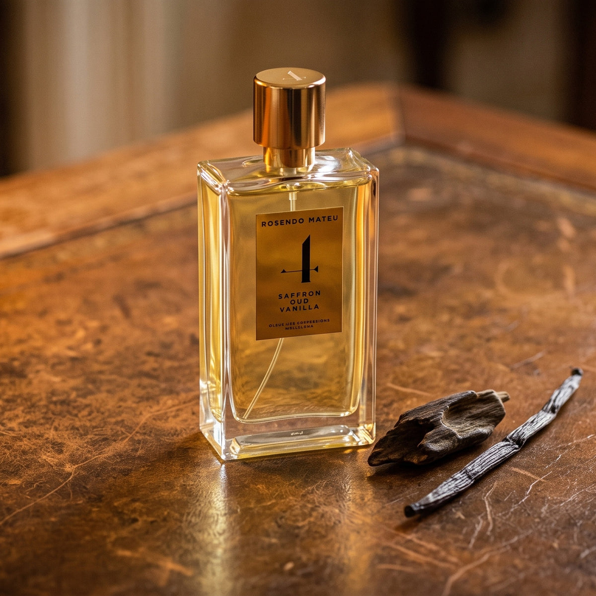 Rosendo Mateu No. 4 EDP on aged leather-topped desk with a single agarwood chip beside a vanilla pod