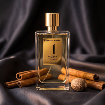 Rosendo Mateu No. 4 EDP on charcoal silk with cinnamon sticks and a whole nutmeg