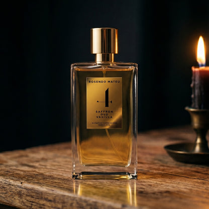 Rosendo Mateu No. 4 EDP on aged maple with a slender candlestick and drifting smoke