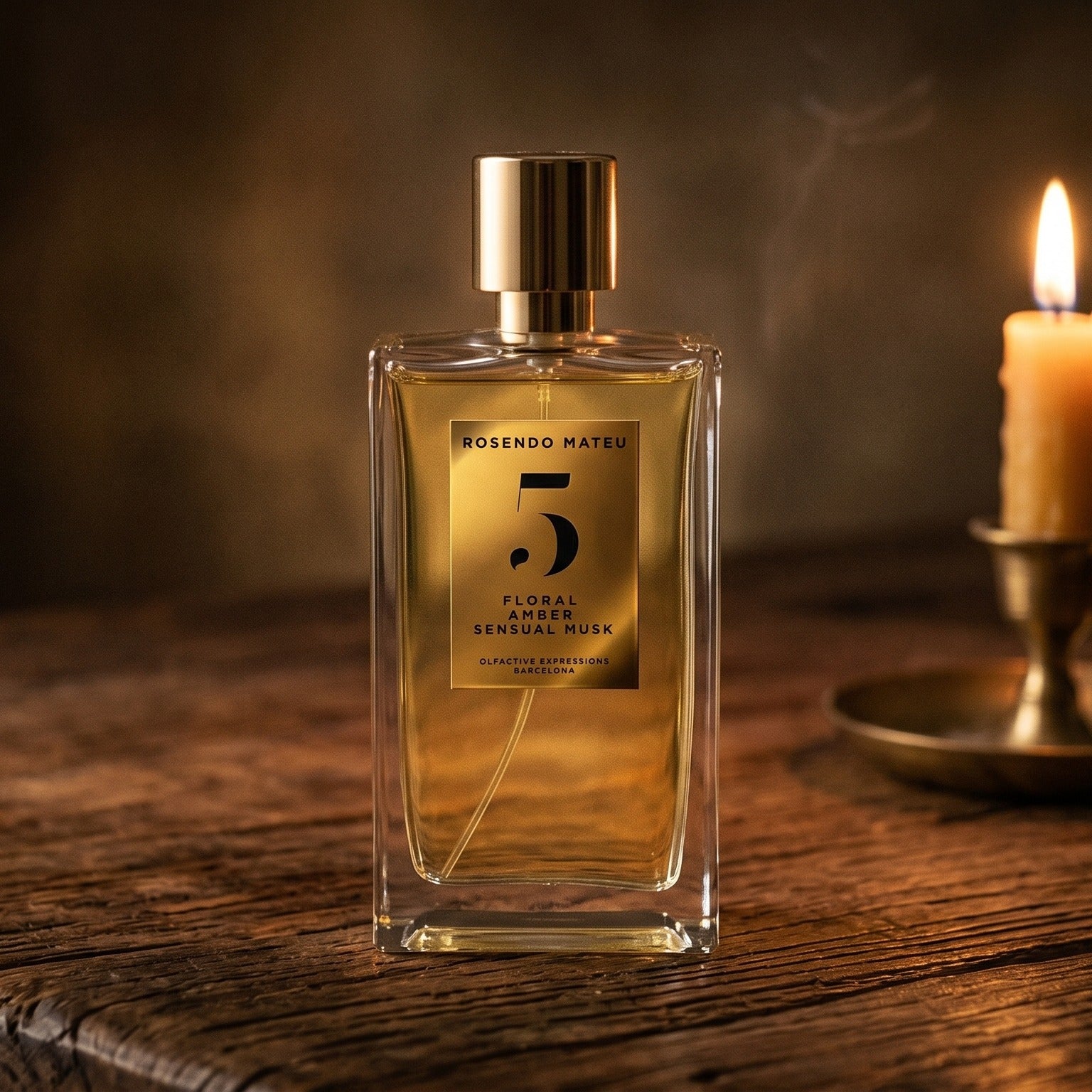 Rosendo Mateu No. 5 EDP on reclaimed oak surface with a glass hurricane lamp softly glowing