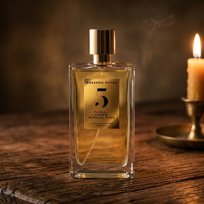 Rosendo Mateu No. 5 EDP on reclaimed oak surface with a glass hurricane lamp softly glowing