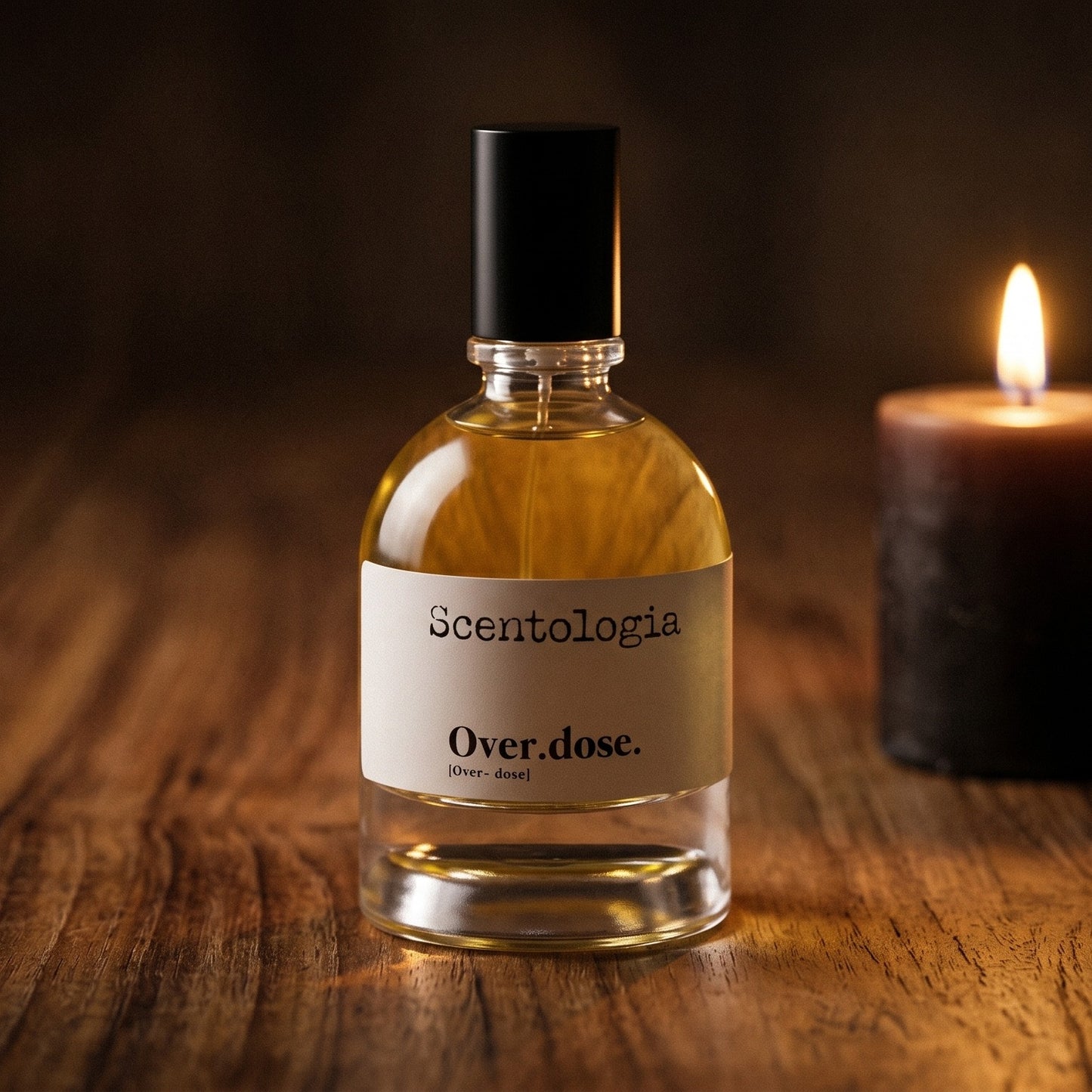Scentologia Overdose EDP on aged teak with a candle burning gently to frame-right