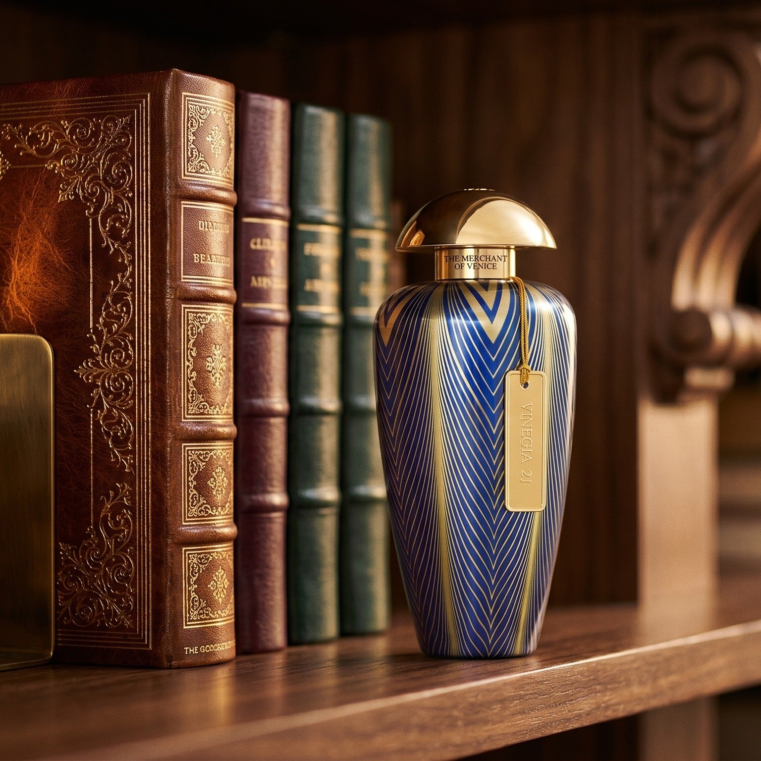 The Merchant of Venice Vinegia 21 EDP on dark walnut library shelf with a leather-bound book trimmed in gold foil