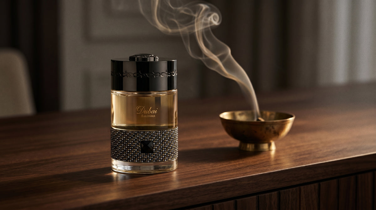 The Spirit of Dubai Fakhama EDP on dark walnut console with a small brass incense bowl with smoke curling upward