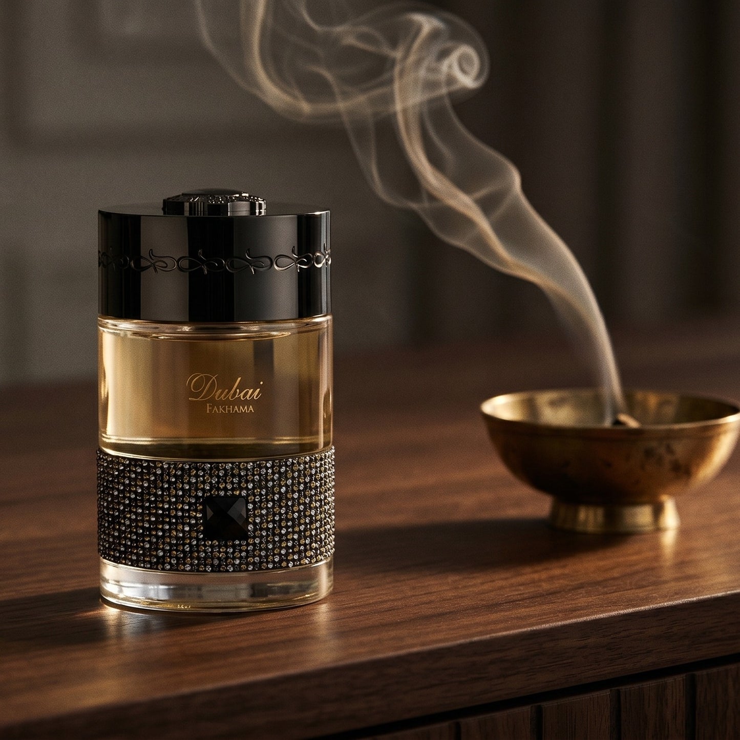 The Spirit of Dubai Fakhama EDP on smoked-glass tabletop with a lacquered incense burner in mid-glow