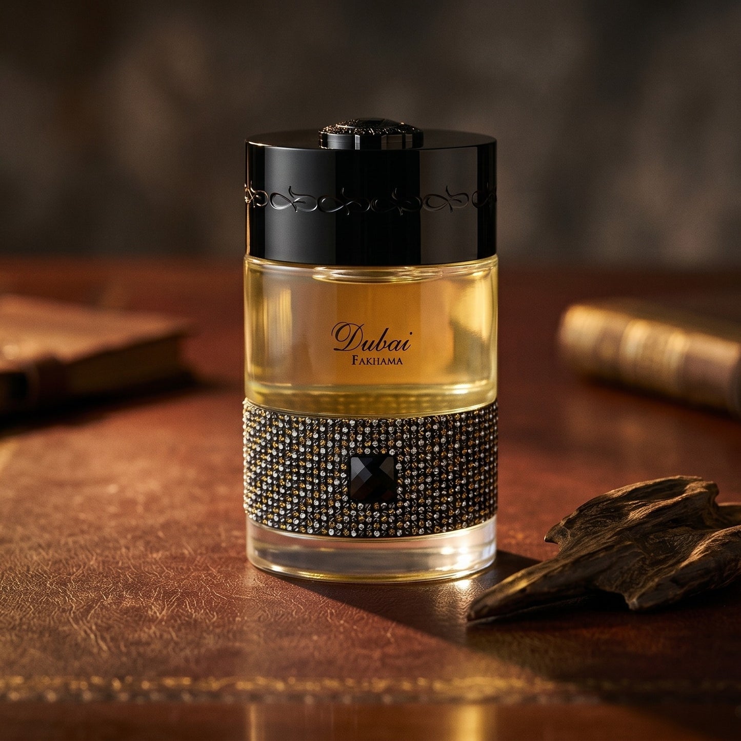 The Spirit of Dubai Fakhama EDP on aged library leather with a small stack of resinous wood splinters