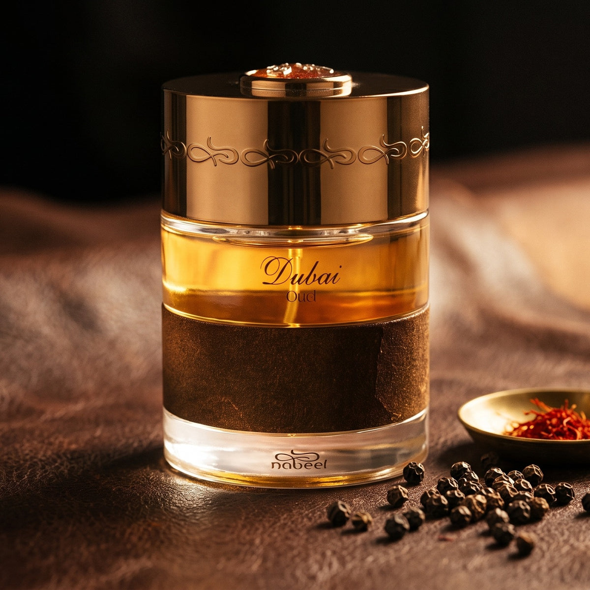 The Spirit of Dubai Oud EDP on dark brown leather with saffron threads and black peppercorns