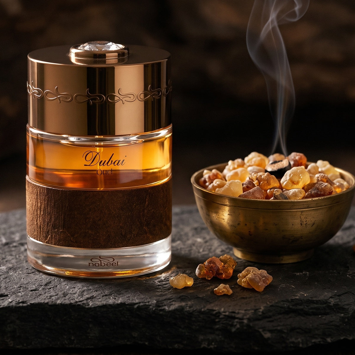 The Spirit of Dubai Oud EDP on charcoal stone with myrrh and olibanum resin
