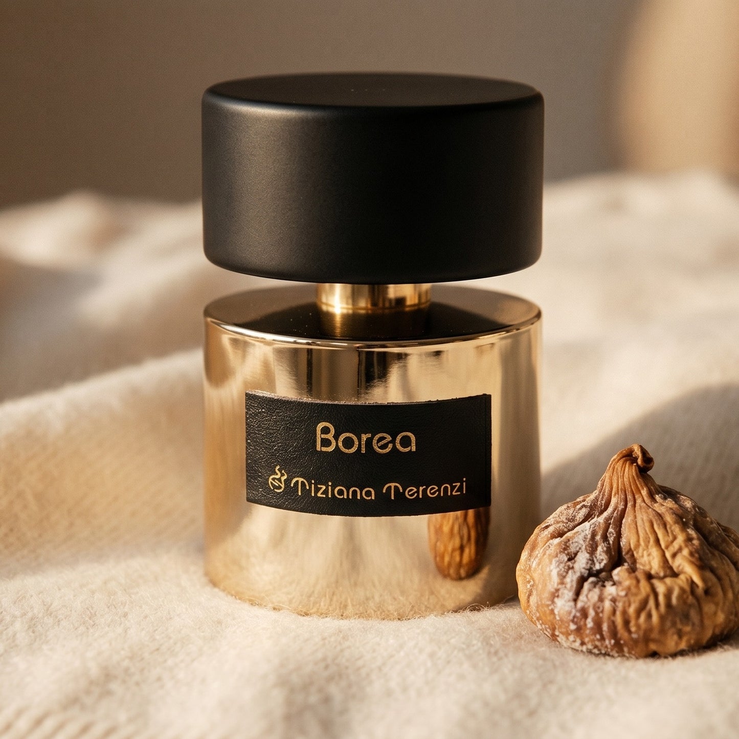 Tiziana Terenzi Borea EDP on ivory cashmere with a small cluster of spiced walnuts