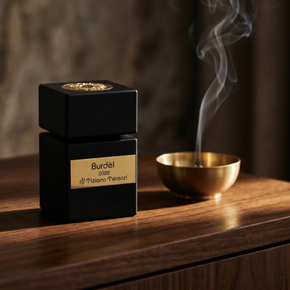 Tiziana Terenzi Burdel EDP on aged walnut board with dried agarwood shavings scattered loosely