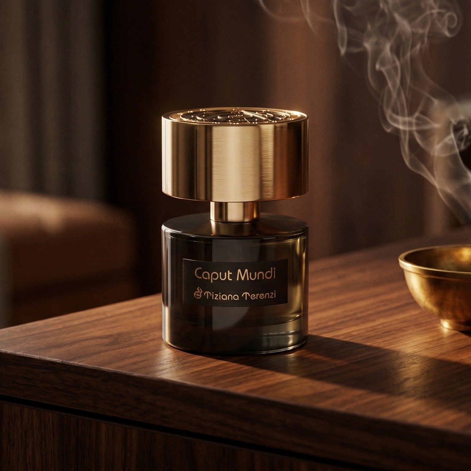 Tiziana Terenzi Caput Mundi EDP on dark walnut console with a small brass incense bowl, smoke curling upward