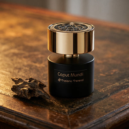 Tiziana Terenzi Caput Mundi EDP on cognac leather bench with a curled strip of birch bark nearby