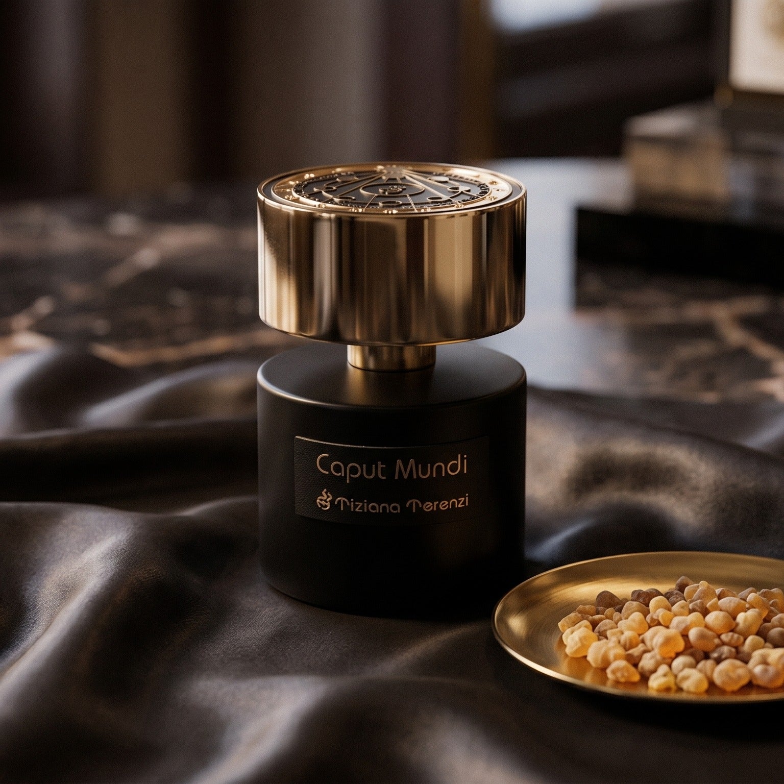 Tiziana Terenzi Caput Mundi EDP on charcoal raw silk with amber resin pieces near the bottle base
