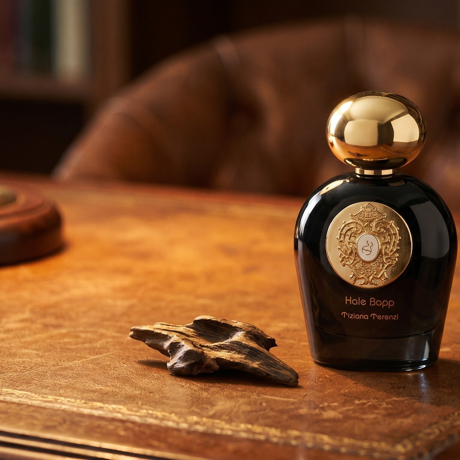 Tiziana Terenzi Hale Bopp Ext on aged leather-topped desk with a single agarwood chip beside the bottle
