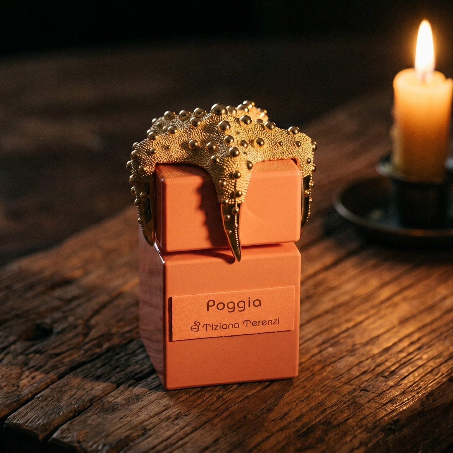 Tiziana Terenzi Poggia on aged maple with a slender candlestick and drifting smoke