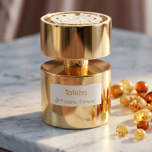 Tiziana Terenzi Talitha EDP on pale sandstone with golden amber shards catching the light