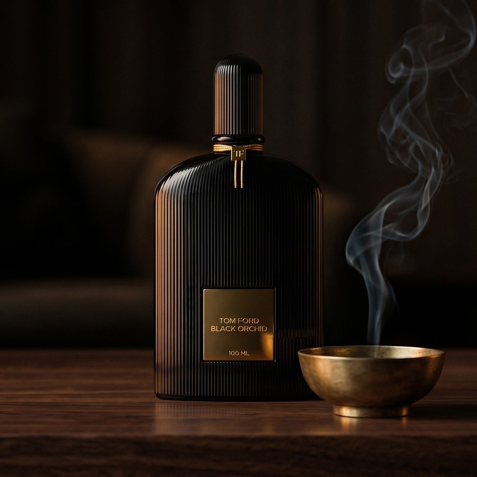 Tom Ford Black Orchid on ebony surface with a hammered copper censer releasing frankincense haze