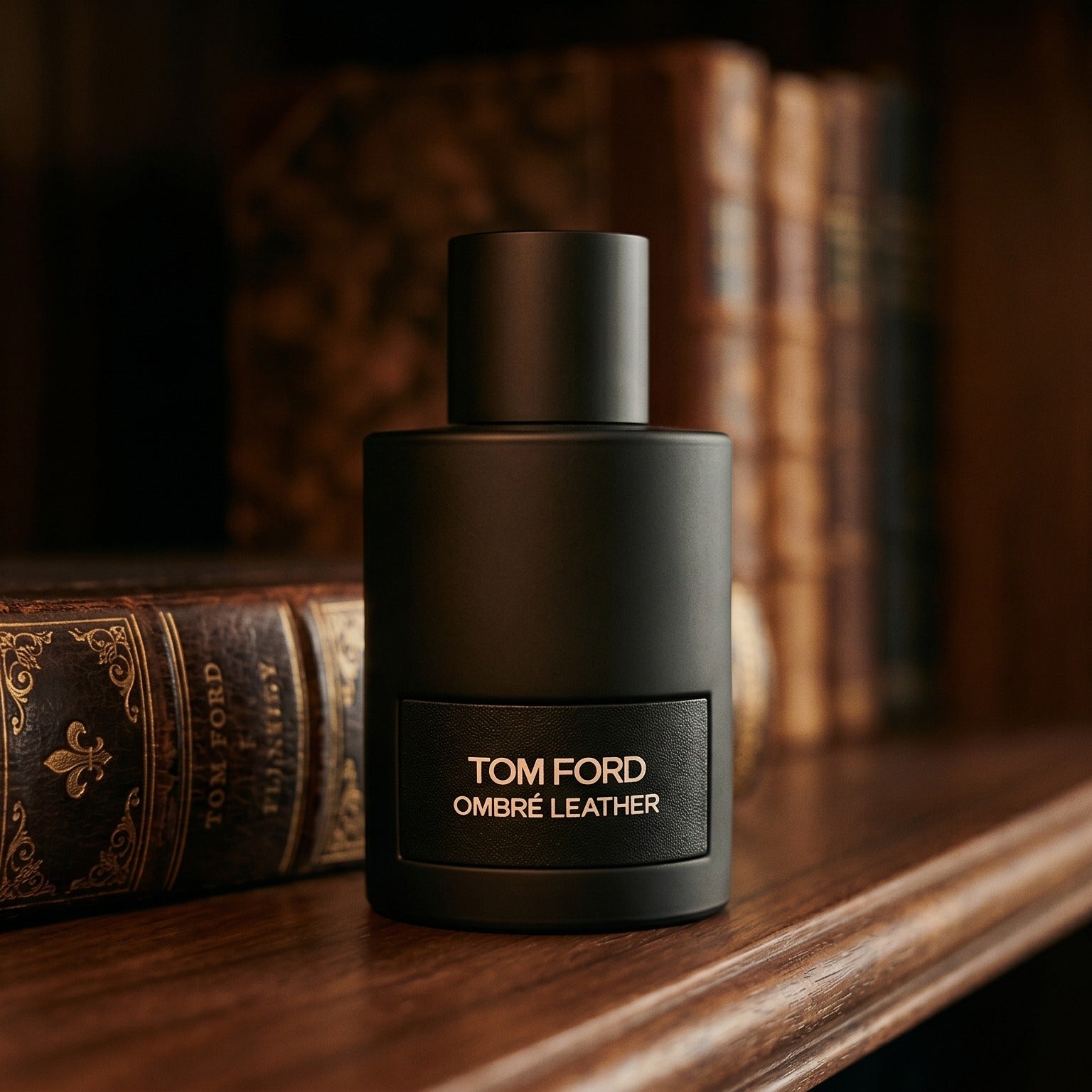 Tom Ford Ombre Leather EDP on walnut desktop with a tall candle and an open leather diary