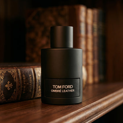 Tom Ford Ombre Leather EDP on walnut desktop with a tall candle and an open leather diary